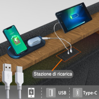 Lit plateforme moderne en tissu avec quatre paniers de rangement roulants, poignées dorées, station de charge et éclairage RGB contrôlé par application