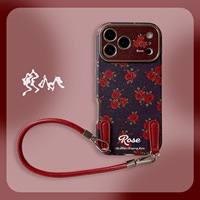 Étui de téléphone de luxe en PU motif floral rose rouge style Ins tendance pour iPhone 18 Pro 17 Air 16 15 14 Plus 12 11 avec dragonne