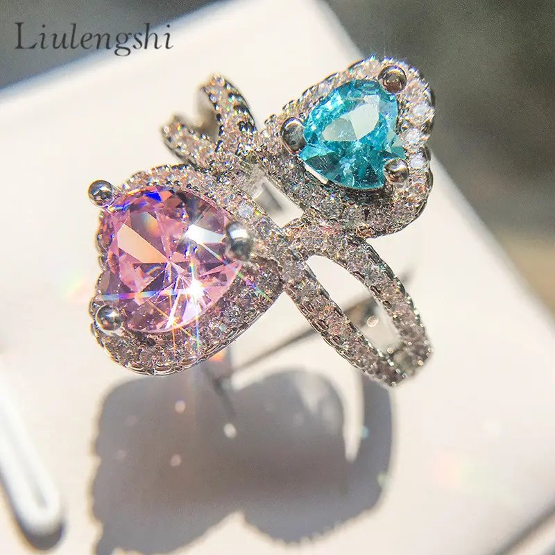 Anel de pedra, atacado mulheres gelado fora forma de coração anel de pedra rosa azul diamante duplo coração anel de dedo cz