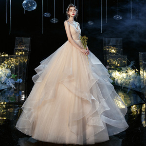 Wedding Dress Strapless Ball Gown Champagne Color Floor Length Simple Elegant Princess Style Natural Waistline - Product Image 2