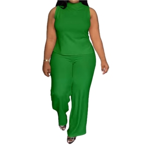 Traje de Verano de Dos Piezas para Mujer, Talla Grande, Color Sólido, Casual, Sin Mangas, Pantalones Largos, Moda Femenina - Product Image 1