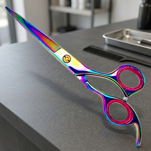 Ciseaux à cheveux professionnels à manche long droit, revêtement couleur arc-en-ciel, pointe de sécurité, style unique, couleur fixe, repose-doigt et embout de sécurité - Product Image 6