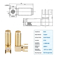 Connecteur S M A sur mesure à fil long, à montage sur circuit imprimé, traversant le circuit, plaqué or, coudé à angle droit, pour sonde d'humidité du sol