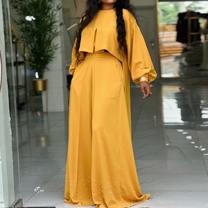 Conjunto de 2 Piezas para Mujer: Blusa de Cuello Redondo con Mangas Irregulares y Pantalones Anchos con Cuentas - Product Image 5