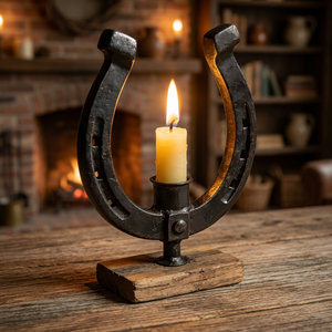 Equestrian <b>Horseshoe</b> Candle Holder Metal Rustic Tabletop Stand with Wooden Base Western Farmhouse Home Décor Centerpiece Stand - Product Image 2