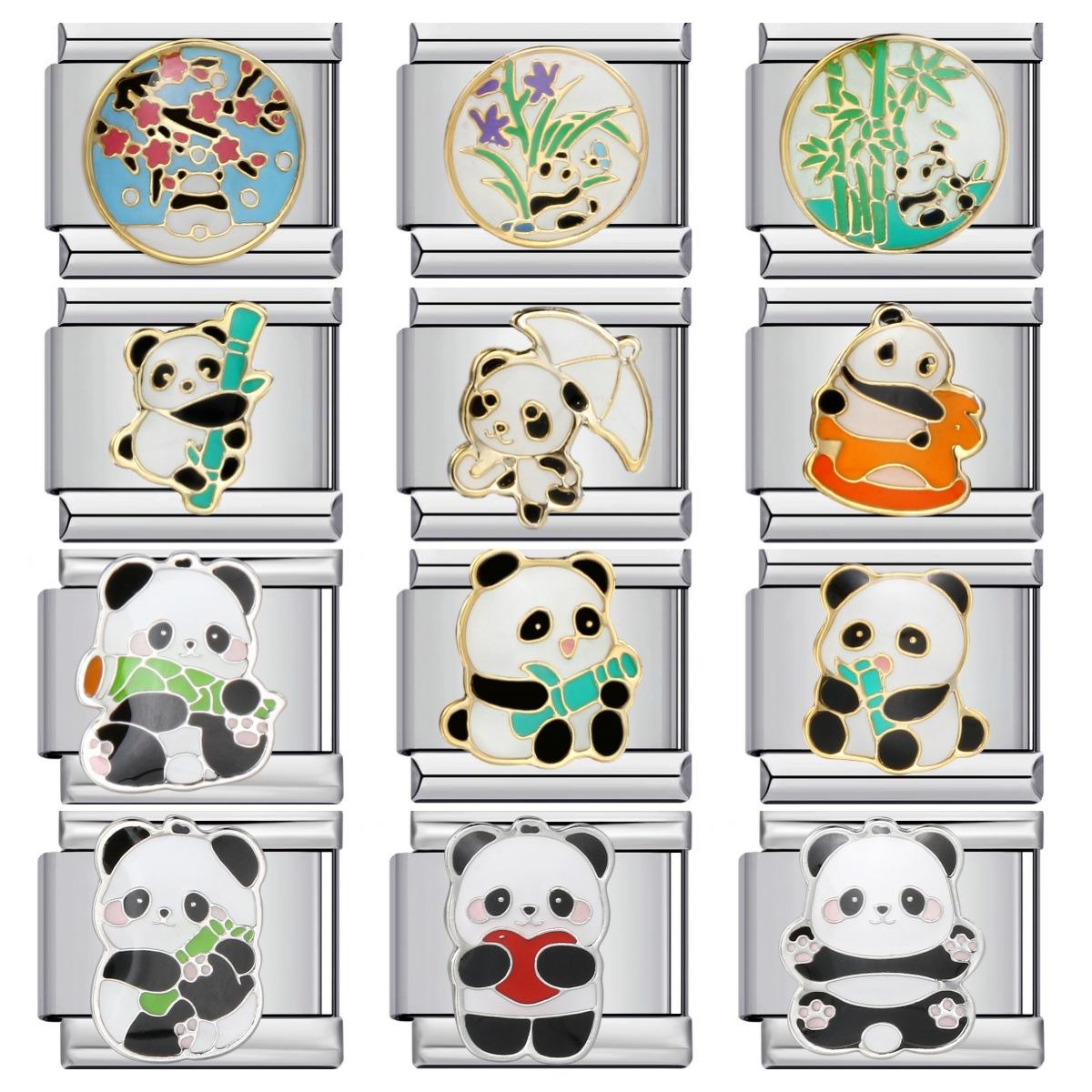 SGYUAN Fashion Cute Panda Animal Series Stainless Steel Link Fit 9mm Italian Charm Bracelet Making DIY Jewelry for Women and Man