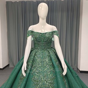 ANY205 Vestido de noche verde esmeralda brillante con encaje bordado - Product Image 4
