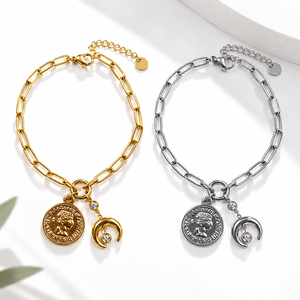 <b>Cross</b> Charm Chain <b>Bracelet</b>, Stainless Steel, Gold and <b>Silver</b> Color Options, Gold Variant 14K Gold Vacuum Plated - Product Image 1