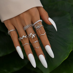 Fashionable and unique hollowed-out flower <b>stacked</b> <b>ring</b> set, smooth leaf and vine imitation pearl joint <b>rings</b>, 10-piece set. - Product Image 2