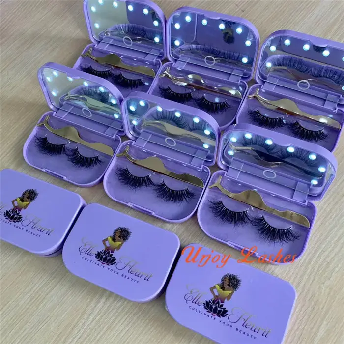 wholesale price custom logo lash packaging one pair 3D mink lashes and lash tweezers led light lashbox with mirror high quality