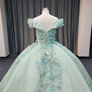 Lsany227 Robe de bal vert sauge, longueur ras du sol, avec traîne chapelle, dentelle florale et perles 3D, pour Quinceañera et fête d'anniversaire - Product Image 4