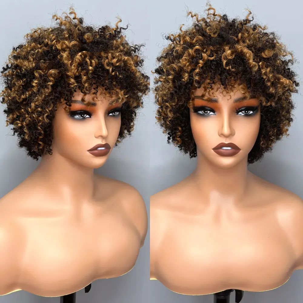 Nueva Peluca de 6 pulgadas Afro Kinky Curly Bob con flequillo, peluca Wear And Go hecha a máquina, pelucas de Bob de pelo brasileño baratas para mujeres negras