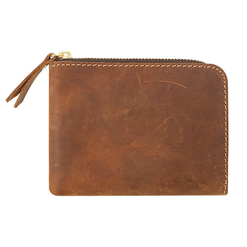 Wholesale Slim Genuine Crazy Horse Man Zipper Pocket Leather Wallet For Man