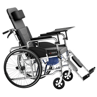 Silla de Ruedas Hidráulica Completamente Reclinable de Acero al Carbono con Ruedas Sólidas de 24 Pulgadas, Cojín de Asiento Lavable, Reposabrazos Extraíbles, Reposapiés Ajustable y Mesa
