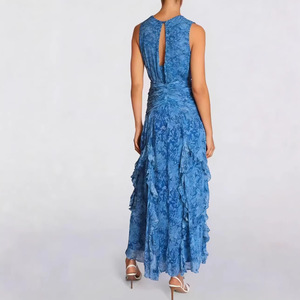 Vestido de Noche Largo Asimétrico con Estampado de Gasa y Cuello en V, Cintura Imperio y Capa Transparente para Mujer - Product Image 3