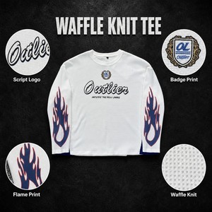 T-shirt à manches longues en tricot gaufré Yingling, blanc crème, avec motif graphique Outlier Script, style streetwear, col rond, épaules tombantes, OEM ODM, vente en gros - Product Image 5