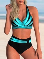 2026 Nieuwe Halter V-hals Wikkel Bikini Set Dames Hoge Taille Buikcontrole Kleurblok Print Push-up 2-delig Zwempak Verwijderbaar