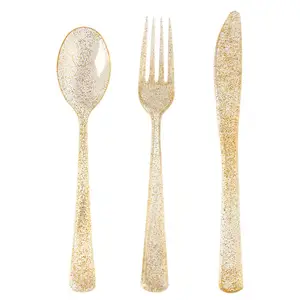 Pisau sekali pakai, garpu dan sendok plastik emas bubuk peralatan makan perak bubuk pisau alat makan, garpu dan sendok set Pesta