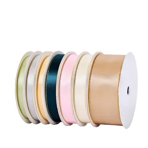 1/4-1.5inch Wide Polyester Custom Gold Edge Satin Ribbon For Flower Packaging Hair Bow DIY Wholesale