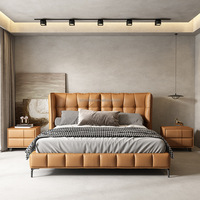 Cama Doble de Lujo Moderna con Tapicería de Cuero, Estructura de Madera Ecológica, Suave y Minimalista para Recámara Principal, de Alta Gama y Ambiente Sofisticado
