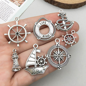 Composants de bijoux pour colliers et bracelets DIY, breloques nautiques vintage en <span class=keywords><strong>argent</strong></span> antique, pendentifs en alliage style marin (boussole, ancre) - Product Image 1