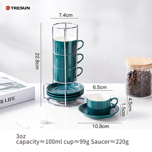 Elegantes tazas de porcelana azules para regalo de boda, recuerdo para invitados, tazas de espresso con platillos apilables, tazas de capuchino con soporte. - Product Image 3