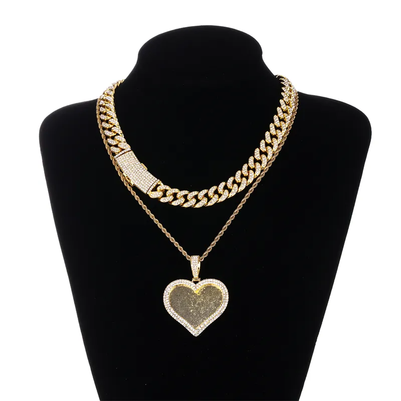 Hot Sale Hiphop Iced Fancy Fashion Full Drill Alloy Jewelry Creative DIY Photo Heart Shape Pendant with Chain Necklace Set