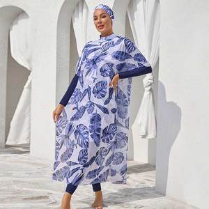 Cobertura Completa Modesto Impresso Mulheres Muçulmano Swimwear Feminino Islâmico Tamanho M-4XL <span class=keywords><strong>Beachwear</strong></span> 4pcs com Hijab Top Pant Cover - Product Image 1