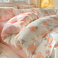 40s Coton 4 pièces Cute Cartoon Flower Duvet Cover Sheet Flat Sheet Set AB Side Reversible Use for Adults