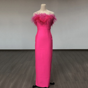 Customized 2025 Spring Women's Sexy Tube <strong>Top</strong> Slim Ostrich <strong>Feathers</strong> Splicing Dress Long Floor Length Evening Dress - Product Image 1