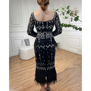 Serene Hill LA71492AM <span class=keywords><strong>Abito</strong></span> da Sera Midi <span class=keywords><strong>Nero</strong></span> con Maniche Lunghe, Piume e Perline, Elegante Vestito da Cerimonia per Donne Pronto per la Spedizione - Product Image 2