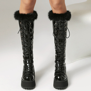 Size 44 Women's Thick Chunky Heels <b>Long</b> Boots Lace up Top Fur Shoes Round Toe Platform Block Heel Knee High Booties - Product Image 3