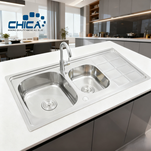 כיור מטבח מוברש topmount 304 קערת נירוסטה כפולה עם אביזרים מחיר המפעל - Product Image 1