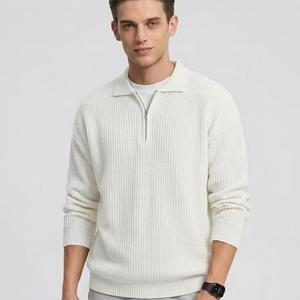Men's Wool Blend Vertical Ribbed Knit Sweater <strong>Polo</strong> Collar Half Zip Long Sleeve Loose Fit Casual Warm Pullover <strong>Jumper</strong> - Product Image 5