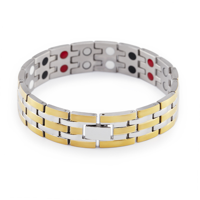China Hot Selling 5 in 1 Health Energy Stone Stainless Steel Plating Gold Men Negative Ion Bracelet Men