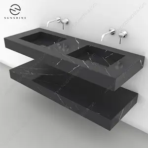 Китай, черный мраморный длинный предварительно собранный двойной плавающий раковины для ванной комнаты Nero Marquina