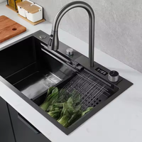 Évier de cuisine à cascade numérique intelligent à LED fait à la main avec robinet en acier inoxydable multifonction grand lavabo à un seul bol moderne