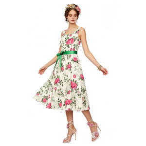 Vestido Estilo Hepburn con Cuello Cuadrado, Cintura Natural, Estampado Floral, Sin Mangas, Falda en Línea A, Largo Medio, Chifón, para Vacaciones - Product Image 1