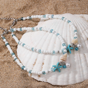 Cheville réglable pour femme avec perles de rocaille, étoile de mer et conque, pendentif perle, style vacances d'été, ornement de pied - Product Image 2