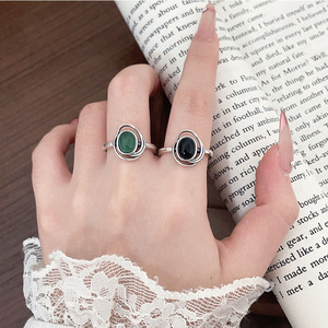S925 Sterling Silver Oval Agate Open <b>Ring</b> Black And Green Gemstone Bezel Setting Geometric Design Everyday Wear Jewelry - Product Image 1