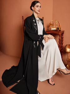Abaya Negra en Oferta con Bordado de Cristales, Túnica Musulmana Abierta por Delante, Caftán Islámico de Dubái para Eventos Formales - Product Image 2