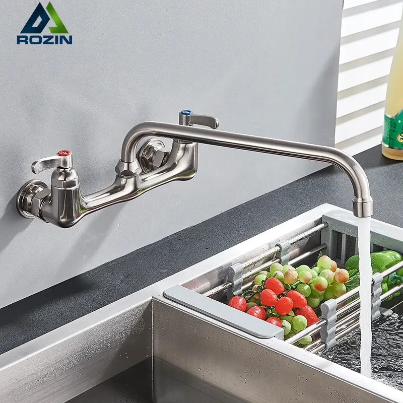 Da parete Montato Lungo Becco Kitchen Sink Rubinetto Del bagno Doppia Maniglia Nichel Spazzolato Bagno Miscelatori Da Cucina Ruotare Lungo Naso Calda E Fredda Rubinetti