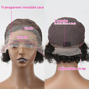 Perruque synthétique coupe pixie avec dentelle frontale 13x1, dentelle transparente, base en soie, cheveux courts bouclés style bob, taille de bonnet moyenne pour femmes - Product Image 3