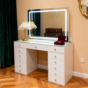 Juego de Tocador Moderno para Dormitorio con Luces LED de Brillo Ajustable, Espejo Grande y 13 Cajones, Escritorio de Maquillaje para Sala de Estar - Product Image 3