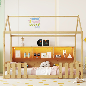 Cama Infantil Tipo Cabaña de Madera Individual con Barandilla y Estante de Almacenamiento para Dormitorio Infantil Color Trigo - Product Image 1