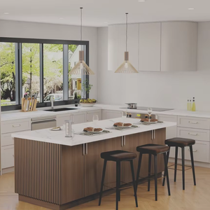 Meuble <span class=keywords><strong>de</strong></span> cuisine Lesso Home sur mesure en chêne blanc style Shaker, armoire <span class=keywords><strong>de</strong></span> cuisine laquée en forme <span class=keywords><strong>de</strong></span> L, ensemble d'îlots <span class=keywords><strong>de</strong></span> cuisine modernes pour villa - Product Image 1