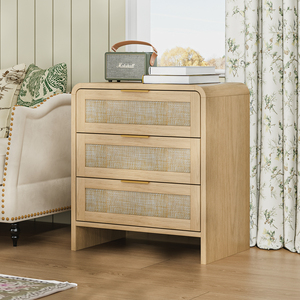 <b>Rattan</b> Nightstand 3 Drawers 22.8 Inch Wide Curved Wooden <b>Bedside</b> <b>Table</b> Modern Storage For Bedroom Natural Oak - Product Image 2