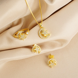 Nouvel ensemble <span class=keywords><strong>de</strong></span> colliers en cuivre plaqué or avec étoile croissante incrustée <span class=keywords><strong>de</strong></span> diamants, style luxe léger, pour accessoires féminins - Product Image 3