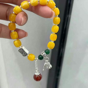 กำไลข้อมือแมวกวักสไตล์จีนโบราณประดับอำพัน เงินแท้ S925 เชือกยางยืด ของขวัญเครื่องประดับสำหรับทุกเพศ - Product Image 3