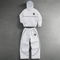 Setelan Jaket Hoodie Zip-Up Pria Benta Shangpin ODM dengan Celana Trim Kontras, Setelan Olahraga Anti Angin 2 Potong